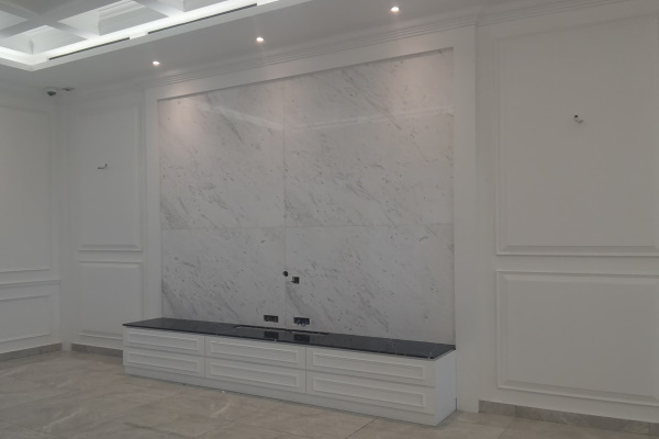 Venus White Polished Marble TV Feature wall & Nero Marquina TV Console top